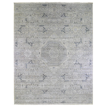 Pure Silk with Textured Wool Gray Mamluk Hand Knotted Oriental Rug, 12'0"x15'2"