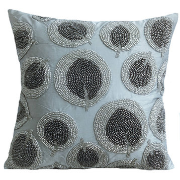 Silver Decorative Pillow Covers 14"x14" Silk, Silver Round Leaves