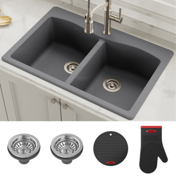 Forteza 33" Drop-In Undermount Granite Composite 50/50 Kitchen Sink, Grey