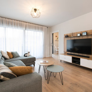 Diseño de salón cerrado, nórdico, grande, sin chimenea, con paredes grises, suelo de madera en tonos medios, televisor colgado en la pared y suelo beige