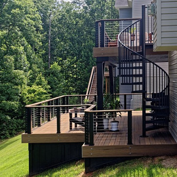 Contemporary Cable Railing Deck with Spiral Staircase