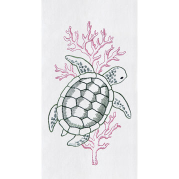 Sea Turtle Swimming in Coral Flour Sack Kitchen Towel 27 Inches Embroidered