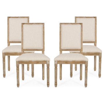 Amy French Country Wood Upholstered Dining Chair (Set of 4), Beige/Natural