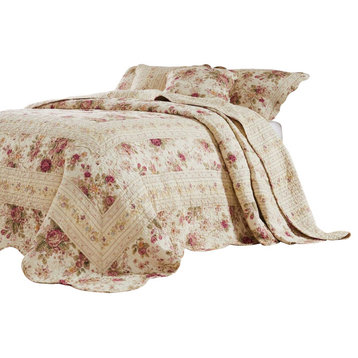 Benzara 3 Piece King Bedspread Set, Floral Print, Scalloped, Cream, Pink