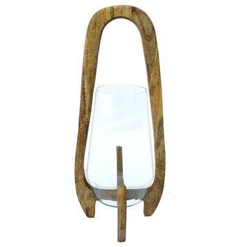 18" Glass Lantern With Wood Handle, Natural