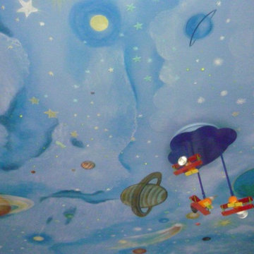 kids room space theme mural hand painted