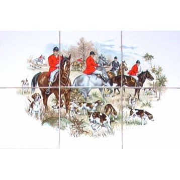 English Fox Hunt Ceramic Tile Mural Red Coat Horse Kiln Fired 12.75" x 8.50"
