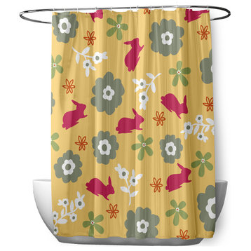 70"Wx73"L Flowery Love With Bunnies Shower Curtain, Daffodil Yellow-Pink
