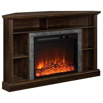 Corner TV Stand, Spacious Flat Top & Fireplace With Faux Stone Accent, Espresso