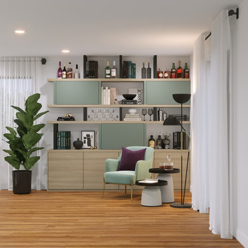 Modern Living Room And Kitchen With Purple and Mint Accents