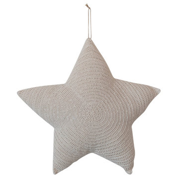 Hand-Woven Reclaimed Cotton Crocheted Star Shaped Pillow, Cream