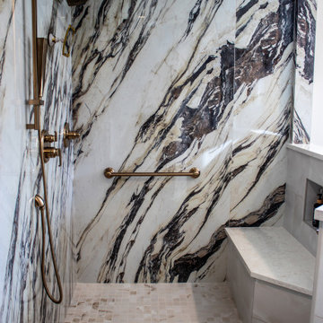 Master Bath with Refaced Vanity and Full Height Porcelain Tile Shower Walls