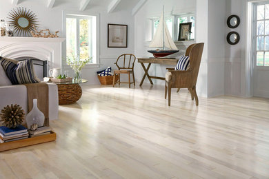 Mid-sized beach style formal and open concept light wood floor and gray floor living room photo in Orange County with white walls, a standard fireplace, a plaster fireplace and no tv