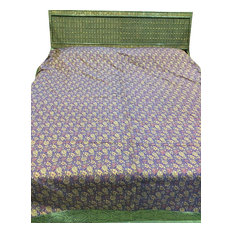 Mogul Interior - Indian Bedspread Brocade Silk Bedding King Bedcover, Blue - Blankets