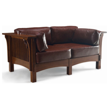 Mission Solid Quarter Sawn Oak and Leather Love Seat, Brown Leather