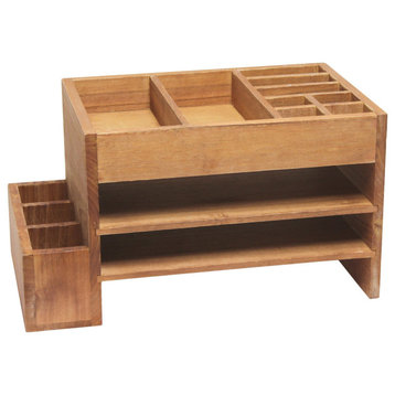 Office Tiered Desk Organizer With Storage Cubbies and Letter Tray, Natural Wood