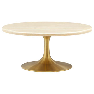 Lippa 36" Round Artificial Travertine Coffee Table, Gold Travertine