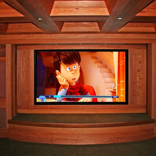 Medium sized classic open plan home cinema in Jackson with brown walls, dark hardwood flooring and a built-in media unit.