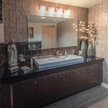 Zen Bathroom with Walnut Veneer Vanity