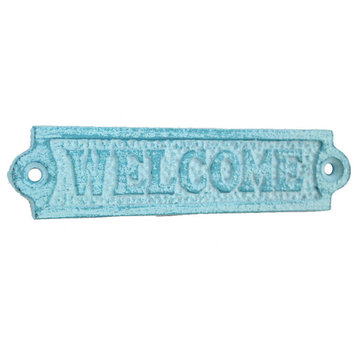 Rustic Light Blue Whitewashed Cast Iron Welcome Sign 6"