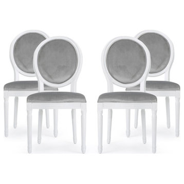 Jerome French Country Dining Chairs, Set of 4, Light Gray/Gloss White, Velvet, Rubberwood