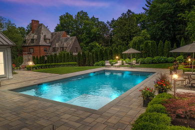 Modelo de piscina infinita moderna grande rectangular en patio trasero con paisajismo de piscina y adoquines de hormigón