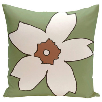 Polyester Pillow, Floral, Green, Brown, 16"x16"