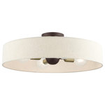 Livex Lighting - Livex Lighting Venlo 4 Light Bronze With Antique Brass Accents Large Semi-Flush - The Venlo collection is both modern and versatile. The bronze finish with antique brass finish accents and hand-crafted oatmeal colored fabric hardback shade sets a pleasant mood. This sleek large four-light drum semi-flush is a perfect fit for the living room, dining room, kitchen and bedroom.