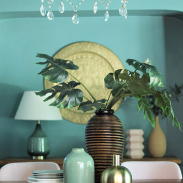 Teal Dining Room with Blush Accents in Eclectic LA Home