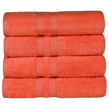 4 Piece 100% Cotton Solid Bath Towel Set, Tangerine