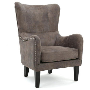 Contemporary Accent Chair, Gray Seat With Nailheaded Curved Arms and Wingback