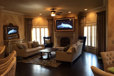 Living room - mid-sized traditional formal and open concept vinyl floor living room idea in Other with beige walls, a standard fireplace, a stone fireplace and no tv