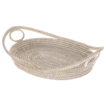 La Jolla Oval Rattan Tray With Looped Handles, White-Wash