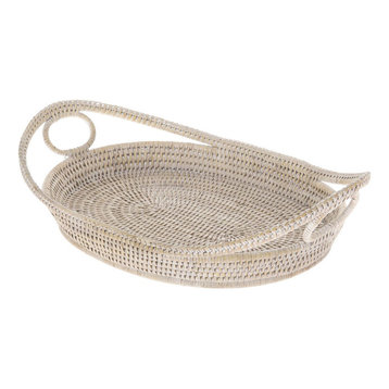 La Jolla Oval Rattan Tray With Looped Handles, White-Wash