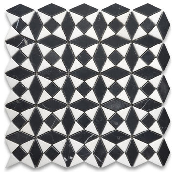 Nero Marquina Black Marble Kaleidoscope Diamond Mosaic Tile Thassos, 1 sheet