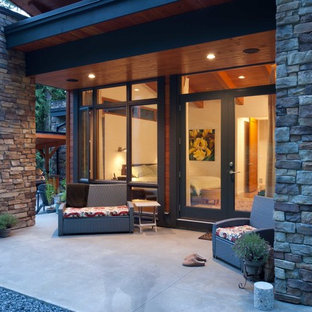 Foto på ett stort amerikanskt flerfärgat hus, med två våningar, blandad fasad, platt tak och levande tak