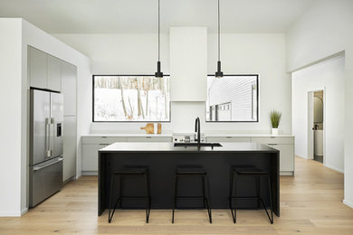 Design ideas for a kitchen with flat-panel cabinets and an island.