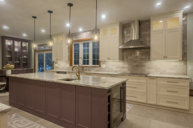 Large transitional u-shaped porcelain tile and beige floor eat-in kitchen photo in Bridgeport with an undermount sink, recessed-panel cabinets, purple cabinets, granite countertops, multicolored backsplash, subway tile backsplash, an island and white countertops