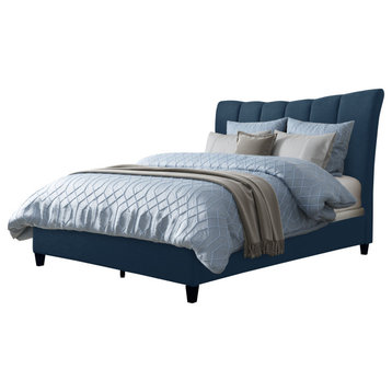 Navy Blue Fabric Vertical Channel-Tufted Queen Bed Frame