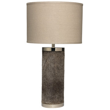 Luxe Grey Hair on Hide Leather Table Lamp Column Rustic Contemporary Lodge