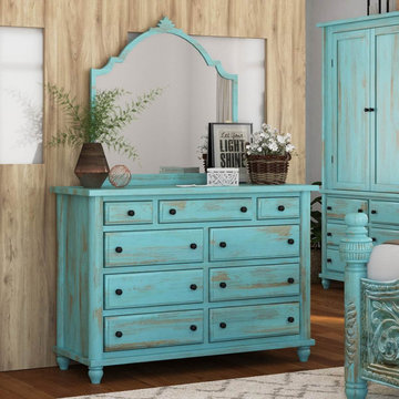 Victorian Mango Wood Vintage Turquoise Bedroom Dresser With 9 Drawers