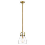 Innovations Lighting - Innovations 412-1S-BB-8CL 1-Light Mini Pendant, Brushed Brass - Innovations 412-1S-BB-8CL 1-Light Mini Pendant Brushed Brass. Collection: Newton. Style: Restoration. Metal Finish: Brushed Brass. Metal Finish (Canopy/Backplate): Brushed Brass. Material: Steel, Cast Brass, Glass. Dimension(in): 11. 375(H) x 8(W) x 8(Dia). Min/Max Height (Fixture Height with Cord or Included Stems and Canopy)(in): 20. 375/44. 375. Wire/Cord: 10 Feet of Wire. Bulb: (1)60W Medium Base,Dimmable(Not Included). Maximum Wattage Per Socket: 100. Voltage: 120. Color Temperature (Kelvin): 2200. CRI: 99. 9. Lumens: 220. Glass Shade Description: Clear Newton Bell. Glass or Metal Shade Color: Clear. Shade Material: Glass. Glass Type: Transparent. Shade Shape: Dome. Shade Dimension(in): 8(W) x 10. 5(H). Canopy Dimension(in): 4. 5(Dia) x 0. 75(H). Sloped Ceiling Compatible: Yes. California Proposition 65 Warning Required: Yes. UL and ETL Certification: Damp Location.