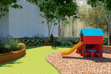 A small children's play park and flower garden