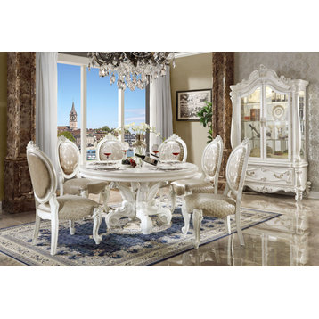 ACME Versailles  Round Dining Table w/Single Pedestal in PU & Bone White Finsih