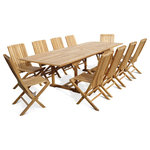 Windsor Teak Furniture - Grade A Teak, Extension Table With 10 Folding Chairs With Lumbar Support, 108" - The Buckingham 108" x 39" Rectangular Double Leaf Teak Extension Table W/10 Java Teak Folding Chairs w/ Lumbar Support comfortably seats 12 people when extended. The table is 68" when closed, 88" with one leaf open , and 108" with both leafs open...giving you 3 different size tables. The table is designed with built-in butterfly pop-up leafs that enables you to open or close the table in 15 seconds. The table also comes with cap covered umbrella hole and a built-in umbrella base. The chairs are extremely comfortable with the contoured lumbar support back and fold for easy storage.  Some assembly W/ table. Shipped via truck.