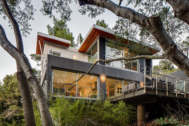 Example of a large trendy gray two-story stucco exterior home design in San Francisco