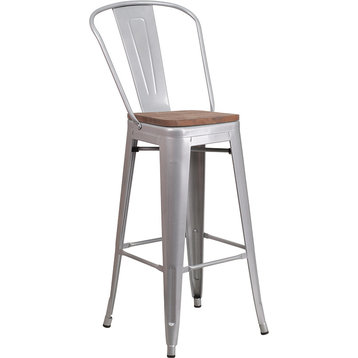 30" High Silver Metal Barstool With Back and Wood Seat