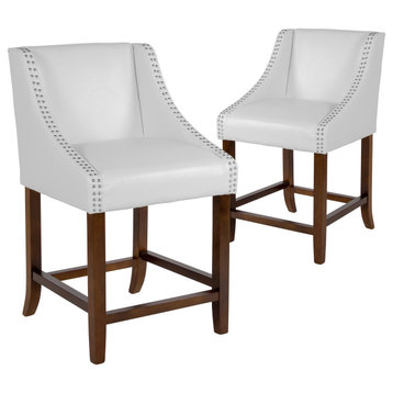 24" White Faux Leather Counter Stool With Nailhead Trim Side Panels, 2 Pack