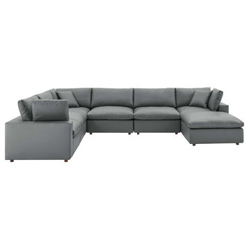 Commix Down Filled Overstuffed Vegan Leather 7-Piece Sectional Sofa, Gray