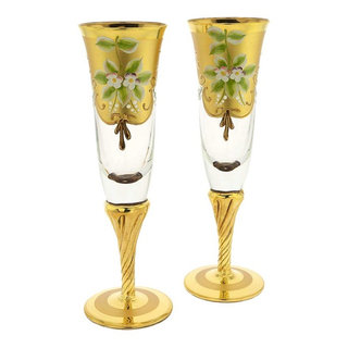 Set of Two Murano Glass Champagne Flutes 24K Gold Leaf - Blue